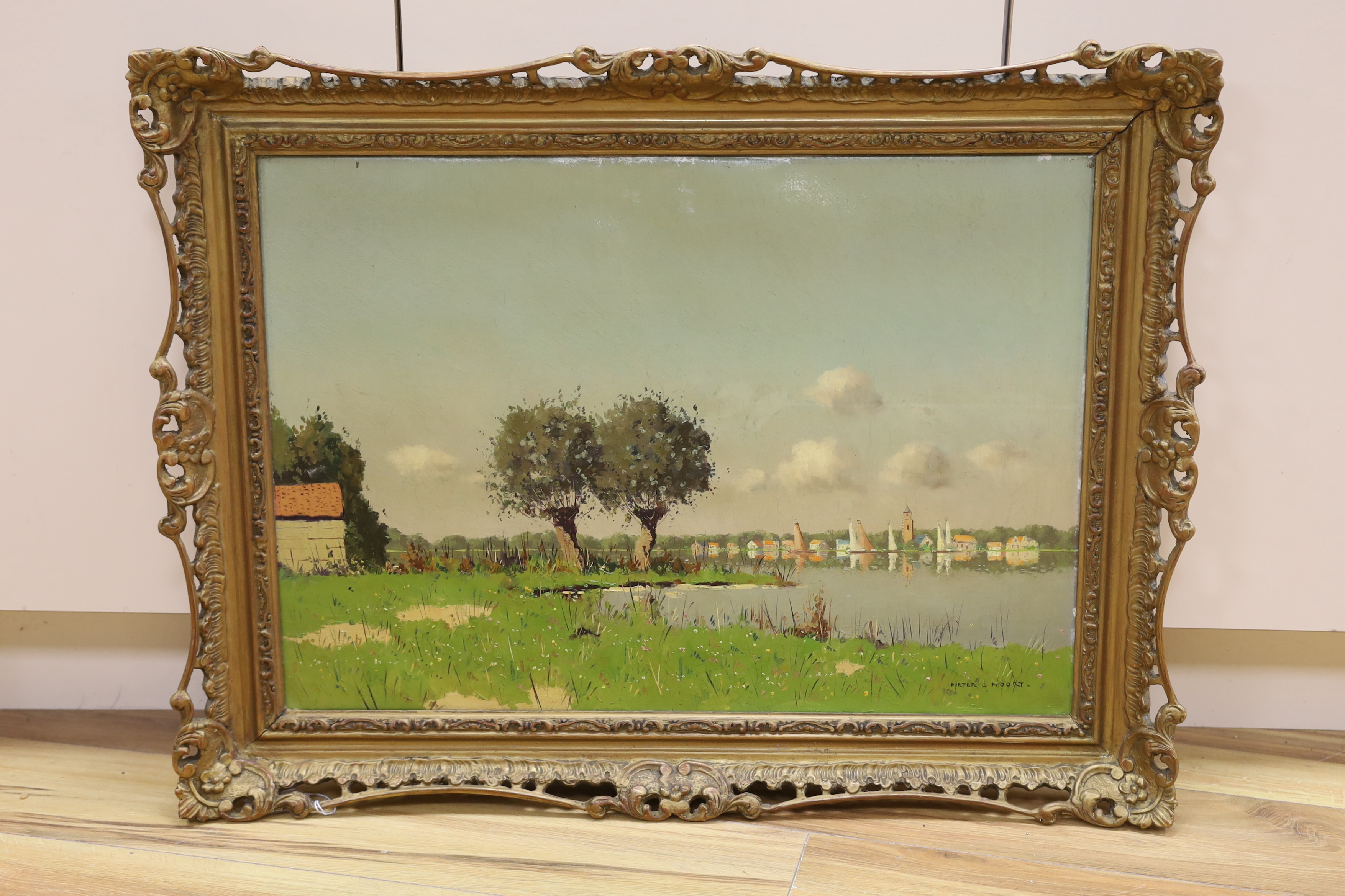 Pieter van Noort (20th century) oil on canvas, Dutch riverside landscape, signed, 70 x 49cm, ornate gilt framed